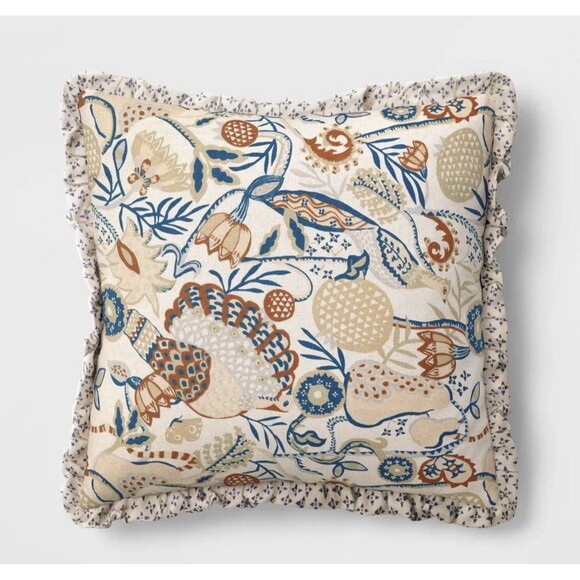Square Bird in Nature Pillow Printed Reverse and Ruffle Trim neutral Threshold - Picture 5 of 10
